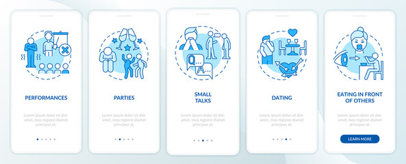 Common anxiety triggers blue onboarding mobile app screen. Disorder walkthrough 5 steps graphic instructions pages with linear concepts. UI, UX, GUI template. Myriad Pro-Bold, Regular fonts used