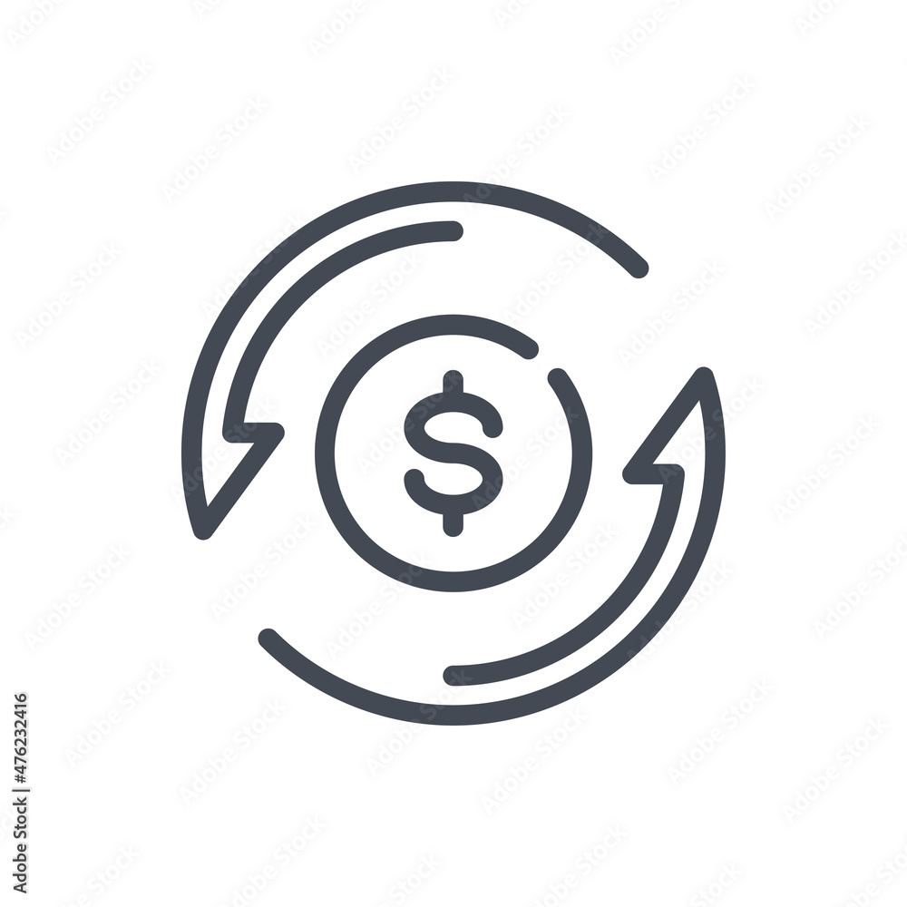 Poster exchange line icon. dollar coin with rotating arrows vector outline sign.
