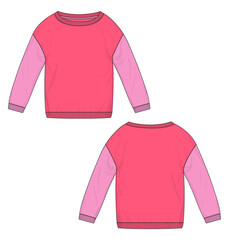 Two tone Pink, purple Color Long Sleeve ladies Sweatshirt Technical Fashion flat sketch Vector Illustration Template Front and Back views. Apparel Clothing Mock up Women's Unisex CAD.  