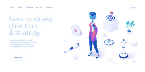 Strategic planning success vector illustration in isometric design. Business strategy analysis and vision concept with woman holding winner cup. Web banner layout