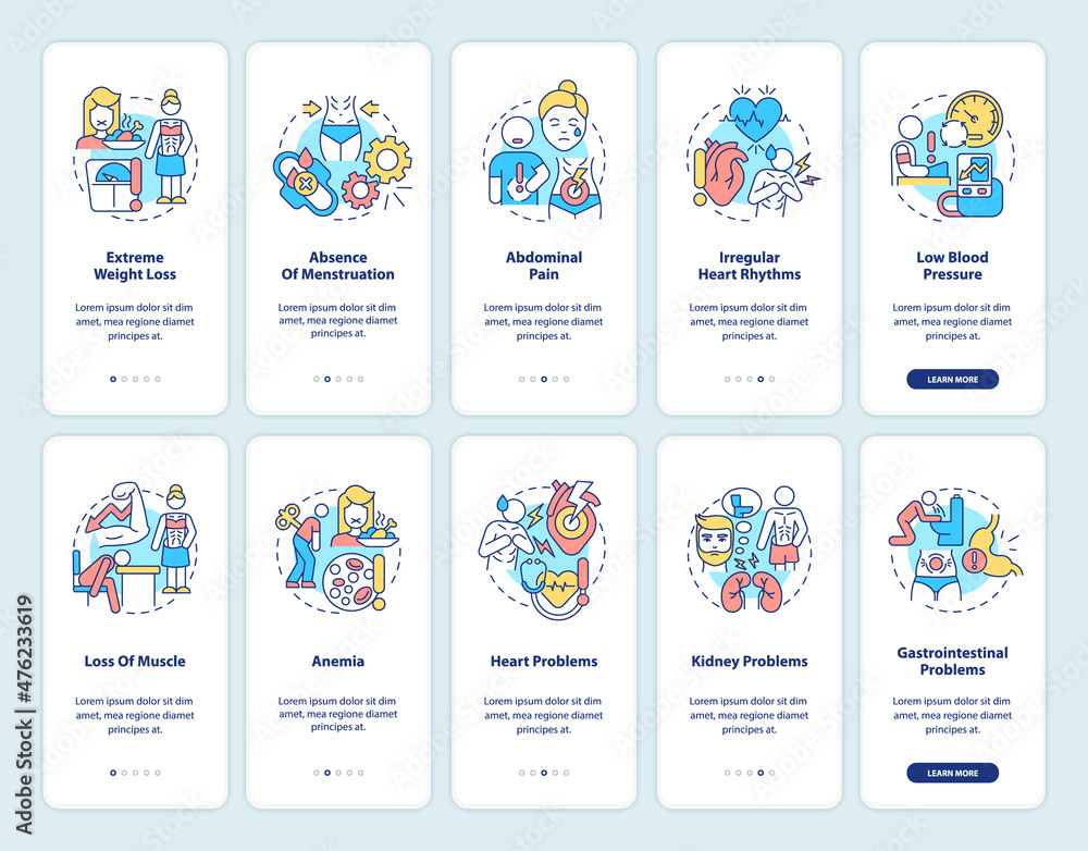 Poster anorexia and bulimia onboarding mobile app screen set. underweight issues walkthrough 5 steps graphi