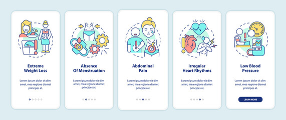 Anorexia symptoms onboarding mobile app screen. Extreme weight loss walkthrough 5 steps graphic instructions pages with linear concepts. UI, UX, GUI template. Myriad Pro-Bold, Regular fonts used