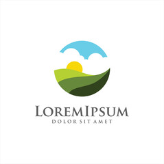 Fototapeta premium landscape logo vector icon illustration nature concept symbol. fresh grass garden agriculture logo emblem travel concept