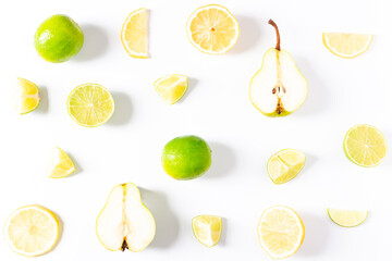 Lemons and pears pattern on white background. Flat lay, top view. 
