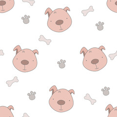Vector seamless childish pattern with a сute baby dog, pet on a white background. Perfect for kids apparel,fabric, textile, nursery