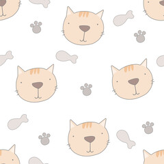 Vector seamless childish pattern with a сute baby cat on a white background. Perfect for kids apparel,fabric, textile, nursery