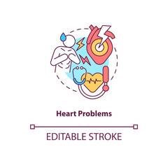 Heart problems concept icon. Cardiovascular system disease. Chest pain abstract idea thin line illustration. Isolated outline drawing. Editable stroke. Roboto-Medium, Myriad Pro-Bold fonts used