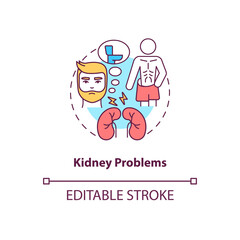 Kidney problems concept icon. Internal organs chronic disease. Renal illness abstract idea thin line illustration. Isolated outline drawing. Editable stroke. Roboto-Medium, Myriad Pro-Bold fonts used