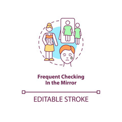 Frequent checking in the mirror concept icon. Body dysmorphic disorder abstract idea thin line illustration. Isolated outline drawing. Editable stroke. Roboto-Medium, Myriad Pro-Bold fonts used
