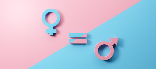 Gender equality conceptual image, meaning of sex and equality of male and female on color background, equal gender balance and parity, transgender symbol in simple,sexual orientation icon,3d rendering
