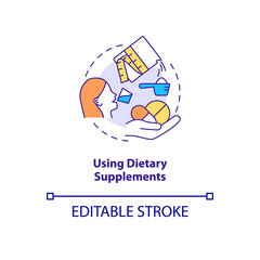 Using dietary supplements concept icon. Vitamin pill. Slimming food additive abstract idea thin line illustration. Isolated outline drawing. Editable stroke. Roboto-Medium, Myriad Pro-Bold fonts used