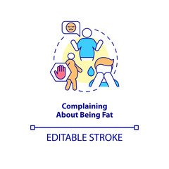Complaining about being fat concept icon. Physical appearance dissatisfaction abstract idea thin line illustration. Isolated outline drawing. Editable stroke. Roboto-Medium, Myriad Pro-Bold fonts used