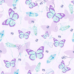 Beautiful seamless pattern with butterflies and crystals