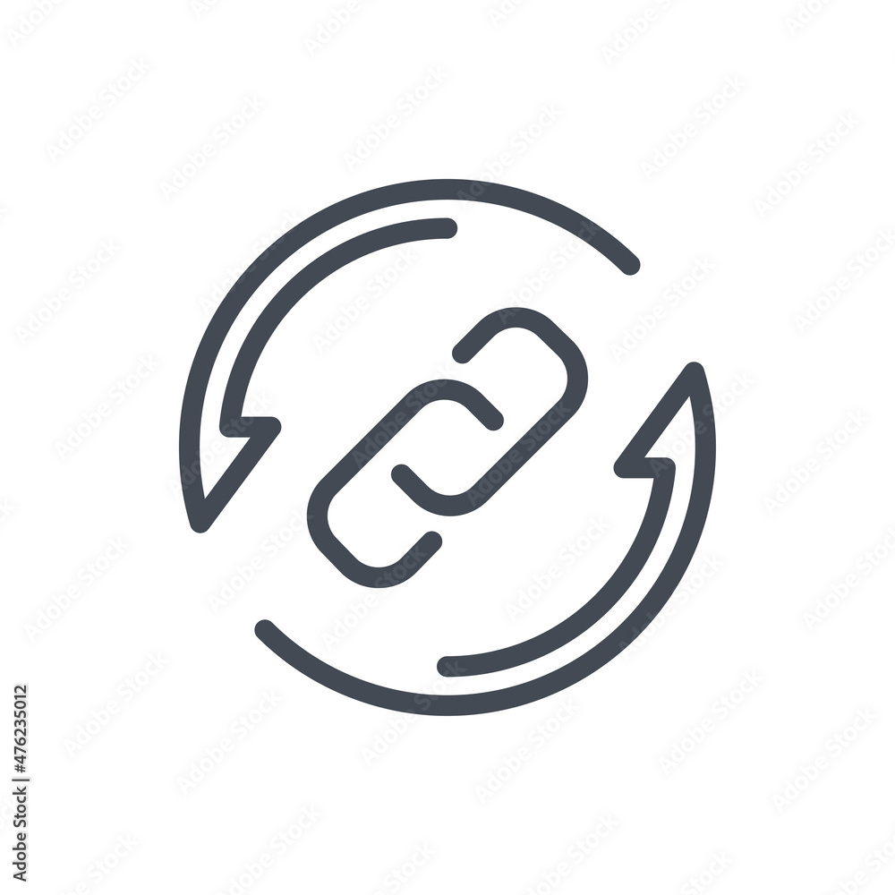 Poster change link line icon. chain with rotating arrows vector outline sign.