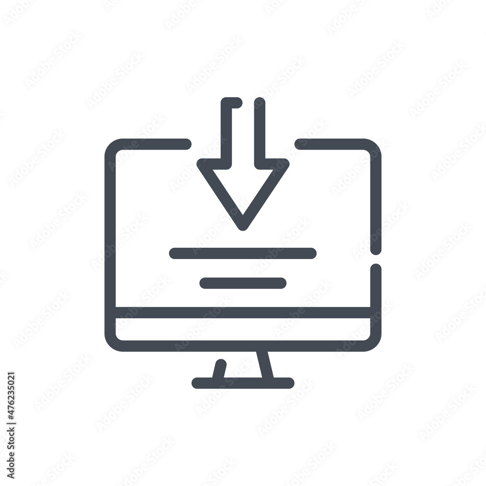 Poster download to computer line icon. pc with arrow down vector outline sign.