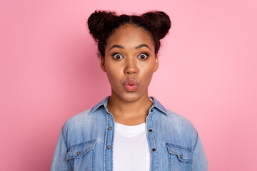 Photo of young lovely african lady pouted lips send air kiss flirty romantic isolated over pink color background