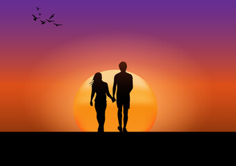 graphics drawing couple boy and girl stand to look the sunset with  light silhouette orange and blue of sky vector illustration concept romantic