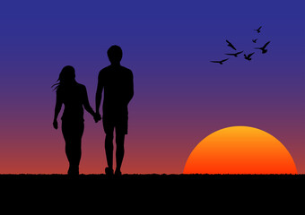 Fototapeta na wymiar graphics drawing couple boy and girl stand to look the sunset with light silhouette orange and blue of sky vector illustration concept romantic