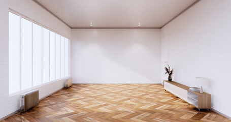 Tv cabinet in loft interior white brick wall room minimal designs, 3d rendering
