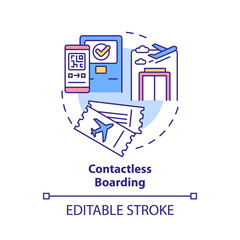 Obraz premium Contactless boarding concept icon. Book flight. Touchless system abstract idea thin line illustration. Isolated outline drawing. Editable stroke. Roboto-Medium, Myriad Pro-Bold fonts used