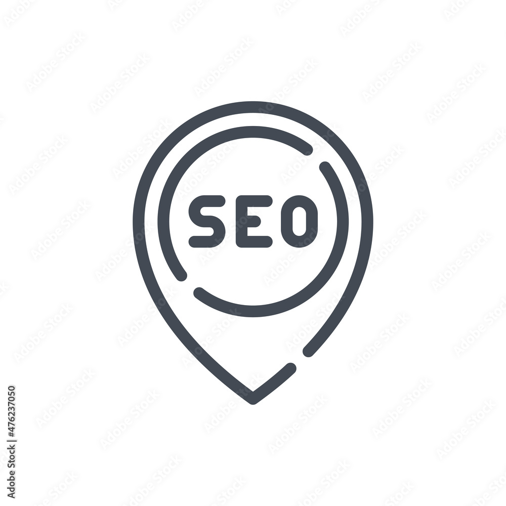 Poster location pin with seo line icon. local search engine optimization vector outline sign.