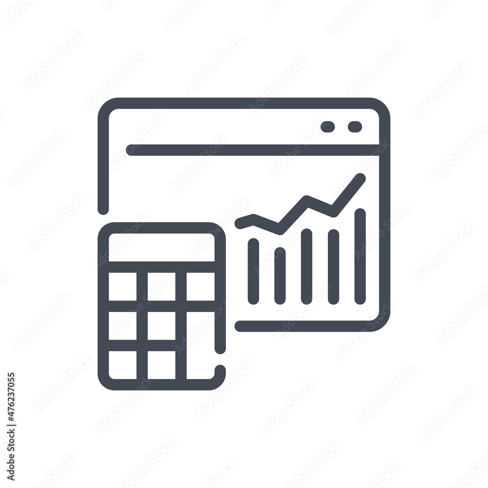 Poster online calculation line icon. website with calculator and statistics report vector outline sign.