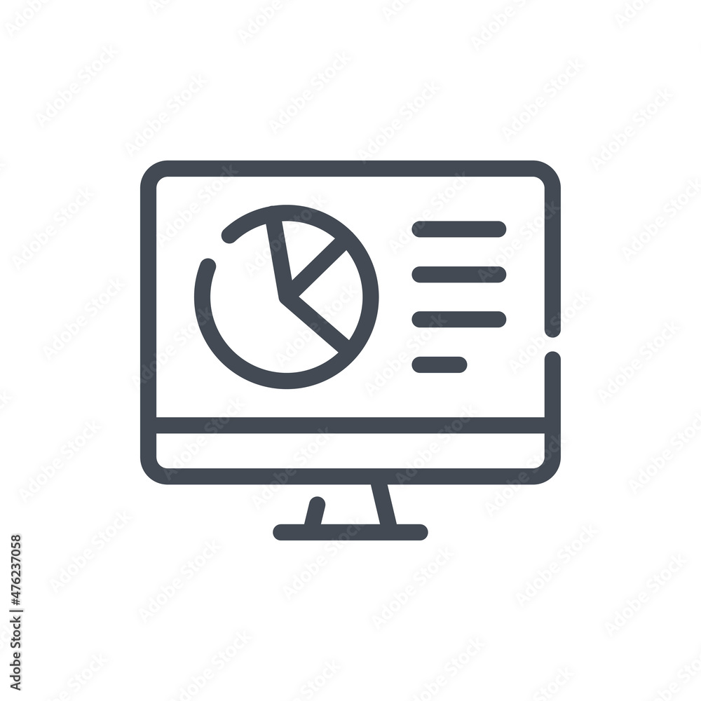 Poster computer with pie chart line icon. pc with online statistics and analytics vector outline sign.