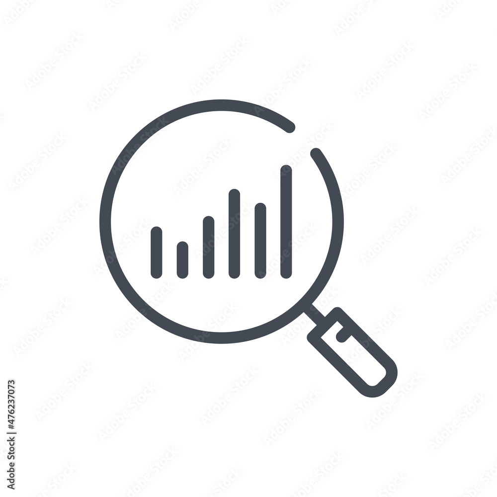 Poster magnifier glass with statistics chart line icon. analytics search vector outline sign.