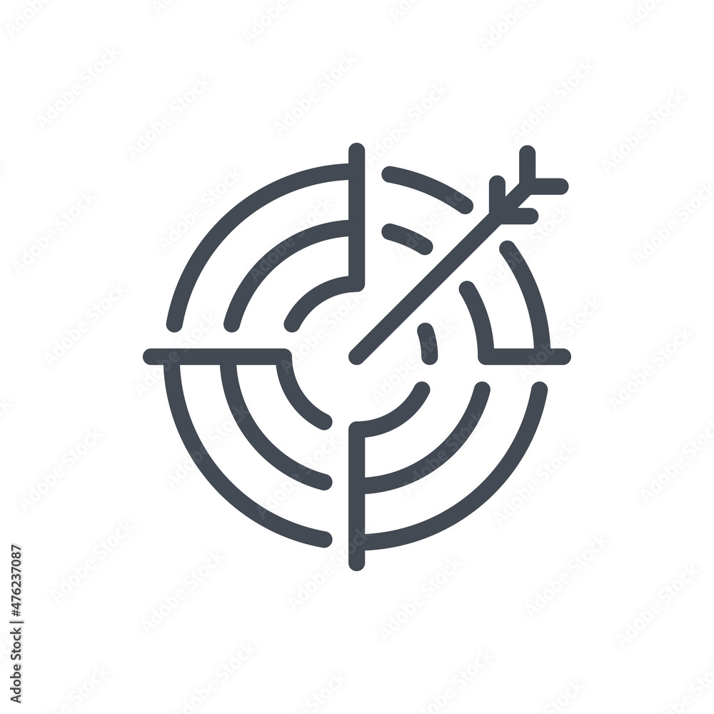 Poster target line icon. target with an arrow in the center vector outline sign.