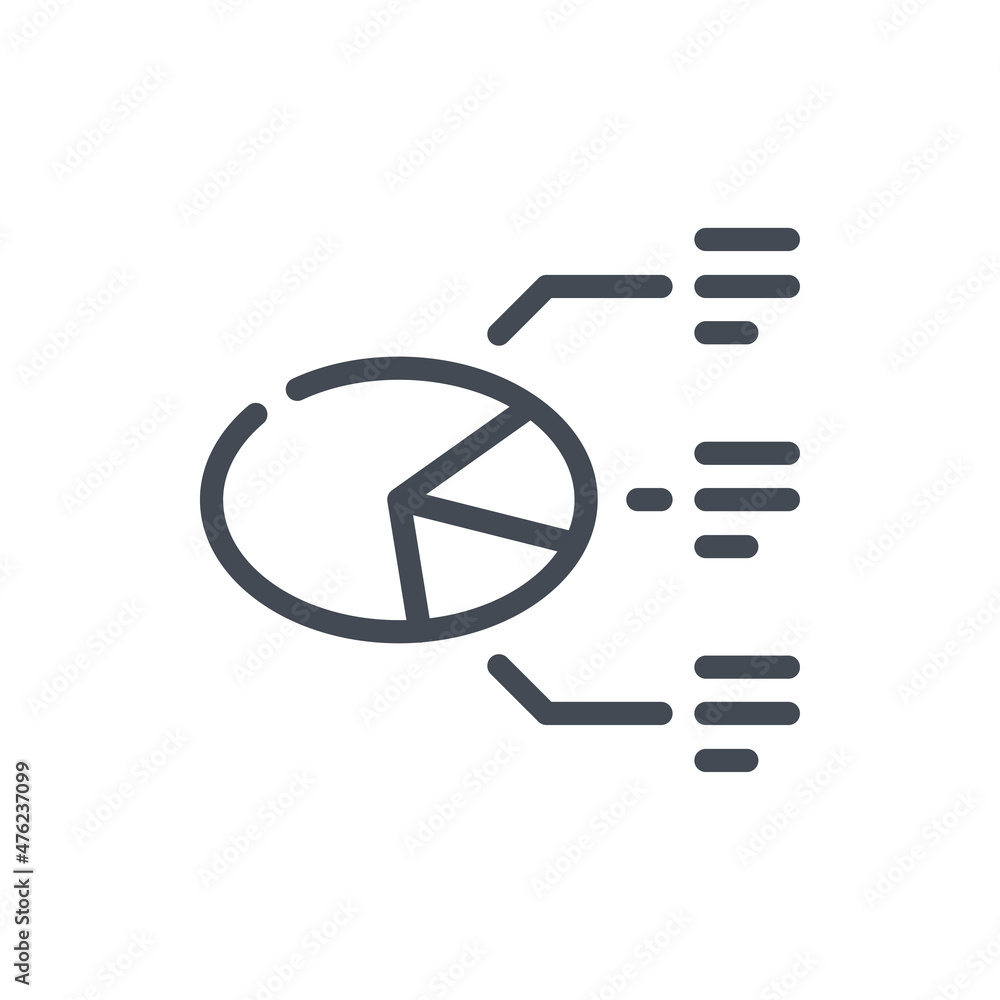 Poster pie chart with section information line icon. circle data and diagram vector outline sign.