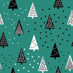 Christmas tree pattern. Black and white Christmas trees and dots . bright turquoise background. vector texture. fashionable print for textiles and packaging.