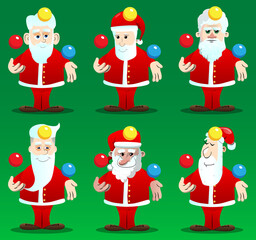 Santa Claus in his red clothes with white beard juggler. Vector cartoon character illustration.