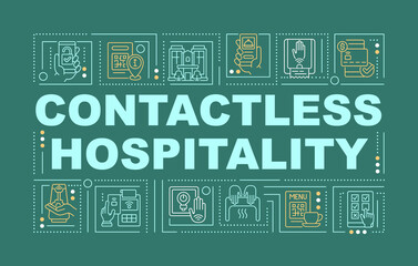 Contactless hospitality word concepts green banner. Infographics with linear icons on background. Isolated typography. Vector outline color illustration with text. Arial-Black font used - obrazy, fototapety, plakaty