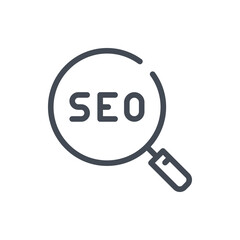 Magnifier glass with SEO line icon. SEO search vector outline sign.