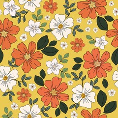 Trendy seamless vector floral pattern. Endless white and orange flowers print. Summer and spring motives. yellow background. vector illustration. 