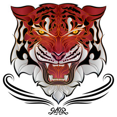 Angry tiger head. Red aggressive tiger logo, symbol of 2022. Stylized fiery tiger face glowing from within. Сartoon vector illustration.