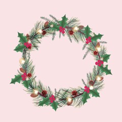 wreath of fir branches, cones, with bright red berries