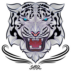 Angry tiger head with blue eyes. White Bengal tiger logo, symbol of 2022. Stylized aggressive snowy tiger face glowing from within. Сartoon vector illustration.