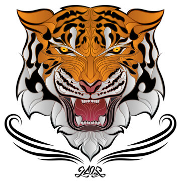 Angry tiger head with yellow eyes and frightening grin. Tiger logo, symbol of 2022. Stylized aggressive tiger face isolated on background. Сartoon vector illustration.