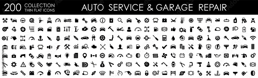 Wall mural Auto service, car repair icon set. Car service and garage. Big collection: repair, maintenance, inspection, parts, units, elements - stock vector.