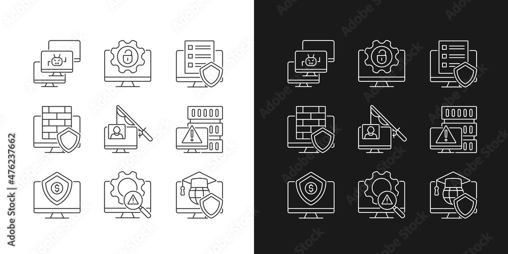Poster cybercrime and its prevention linear icons set for dark and light mode. phishing and dos attack. cus