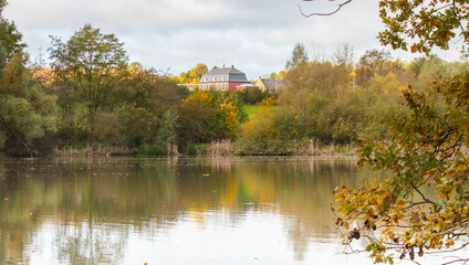 Beautiful lake in autumn through the dense trees
