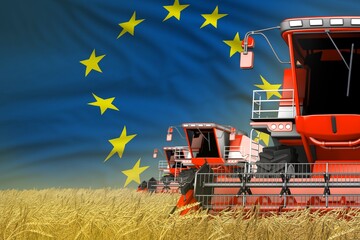 3 red modern combine harvesters with European Union flag on rural field - close view, farming concept - industrial 3D illustration - obrazy, fototapety, plakaty