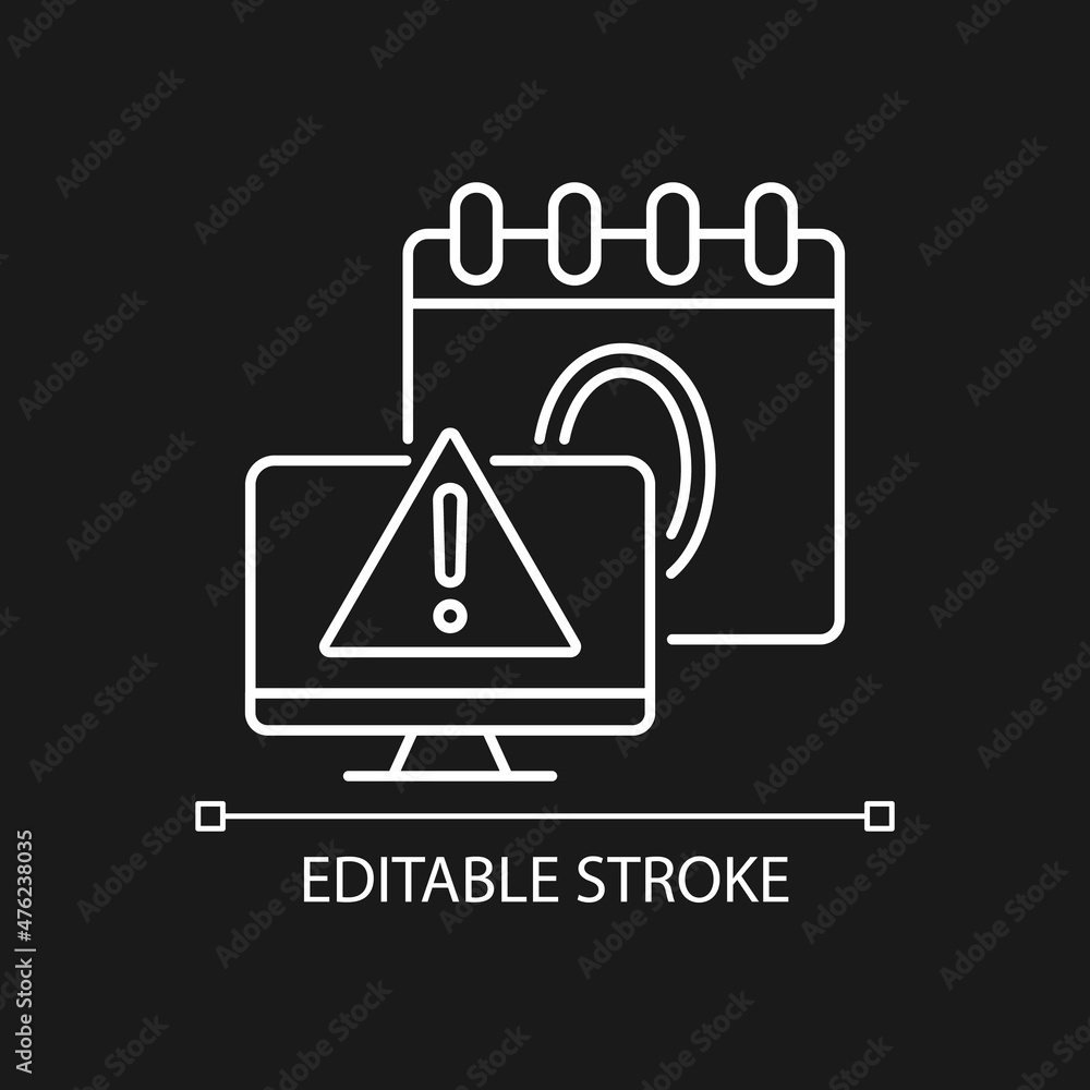 Poster zero day attack white linear icon for dark theme. vulnerable software. thin line customizable illust
