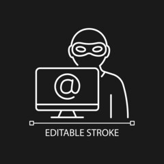Alias white linear icon for dark theme. Stealing identity. Malware. Thin line customizable illustration. Isolated vector contour symbol for night mode. Editable stroke. Arial font used