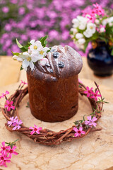 Easter cake with flowers. Side view.