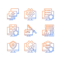 Cybercrime and its prevention gradient linear vector icons set. Phishing and Dos attack. Cybersecurity methods.Thin line contour symbols bundle. Isolated outline illustrations collection