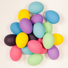 2021 Easter real unique still life composition of colorful eggs.. Flat lay minimal background..