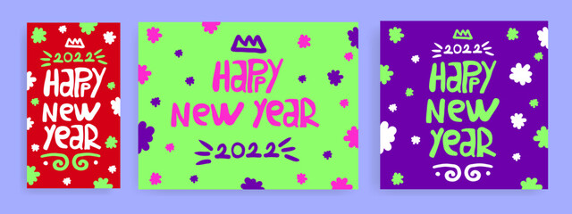 Fototapeta premium Creative concept of 2022 Happy New Year posters set. Design templates with calligraphy typography logo 2022 for celebration and season decoration. 