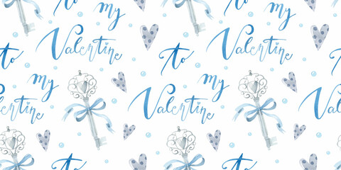 Elegant Valentine watercolor lettering with key seamless pattern wallpaper 